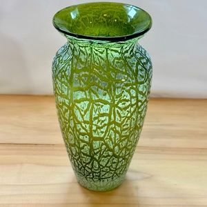 Green Glass Vase - 8” Hand painted vase - Thick Glass